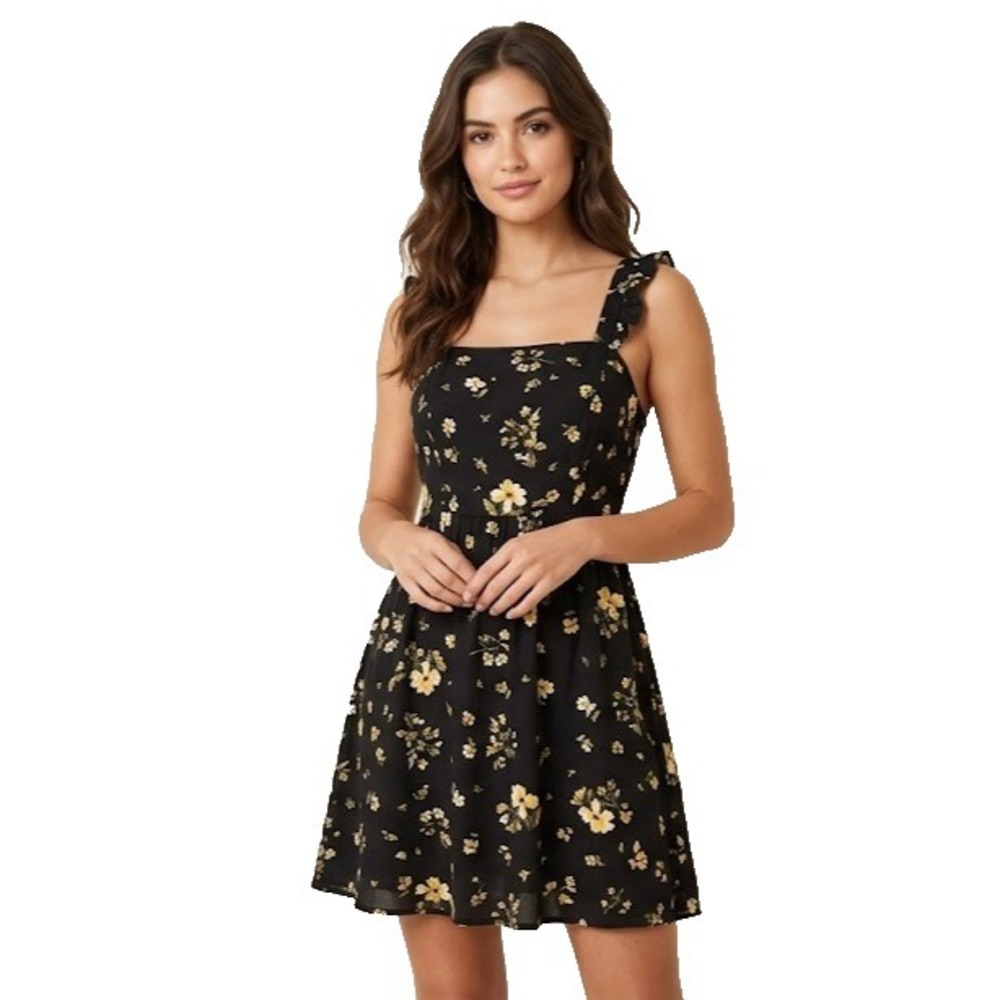 Wild Fable Sun Dress Womens M Black Floral Skater Casual Summer Midi